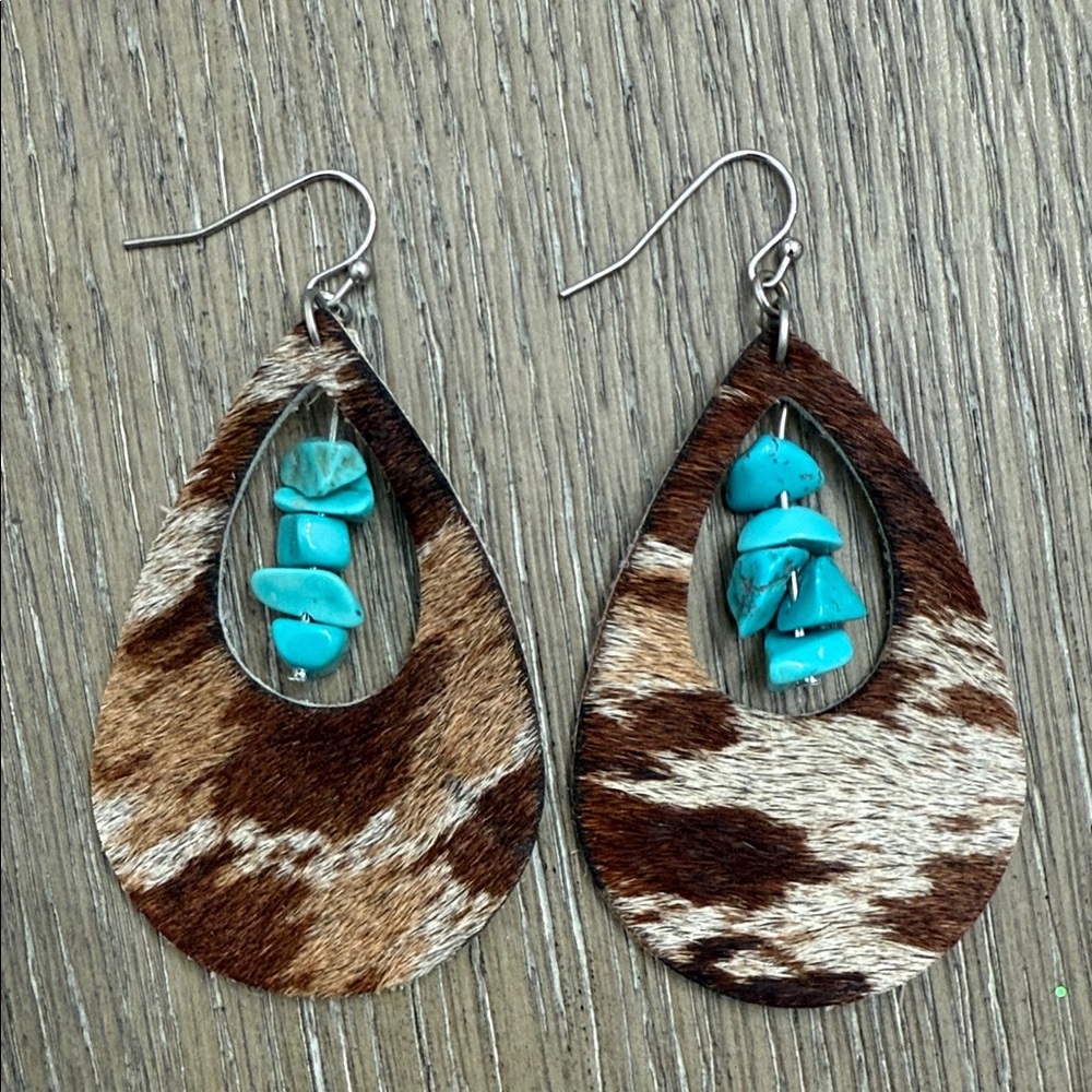 Cow Print Teardrop Earrings with Turquoise Accents